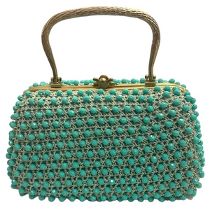 RARE Turquoise Handmade  Beaded Gold Handle Mini‎ Purse